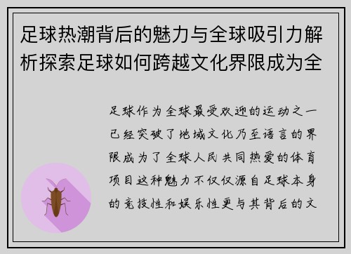 足球热潮背后的魅力与全球吸引力解析探索足球如何跨越文化界限成为全球热爱运动