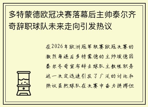 多特蒙德欧冠决赛落幕后主帅泰尔齐奇辞职球队未来走向引发热议
